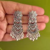 Triple Layer Flower Stud Silver Oxidised Earrings