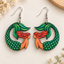 Emerald mermaid wooden earrings for women – ocean boho dangler with green scale tail and red hair