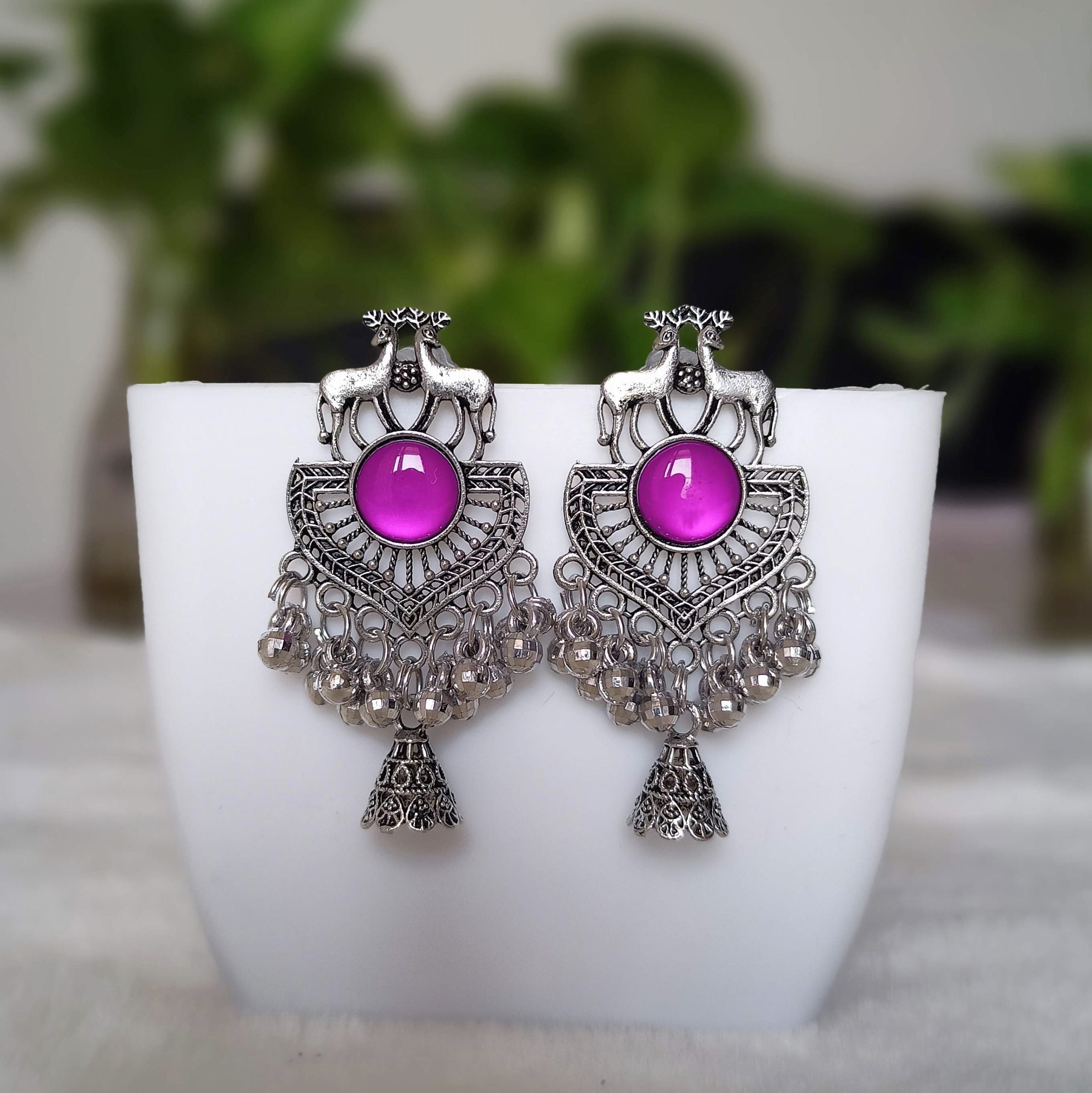 Purple Color Drop Jhumka Stylish Silver Oxidised Earrings