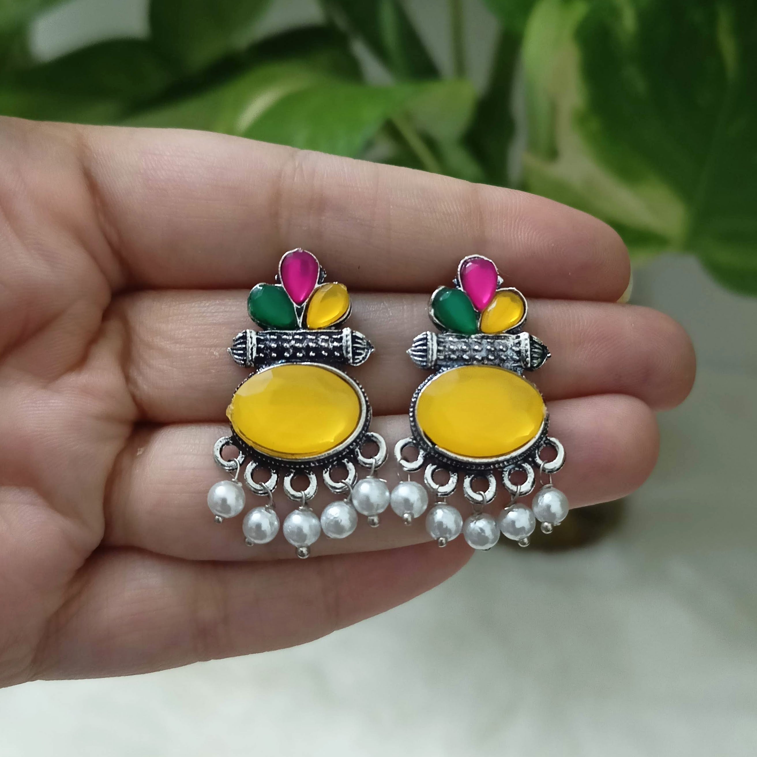 Yellow Multicolor Stone Studded Oval Shape Silver Oxidised