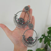 Chaand baaliyan Green & Pink Stone Silver Oxidised Earrings