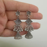 Flower Design Drop Beautiful Jhumka Oxidised Silver Earrings