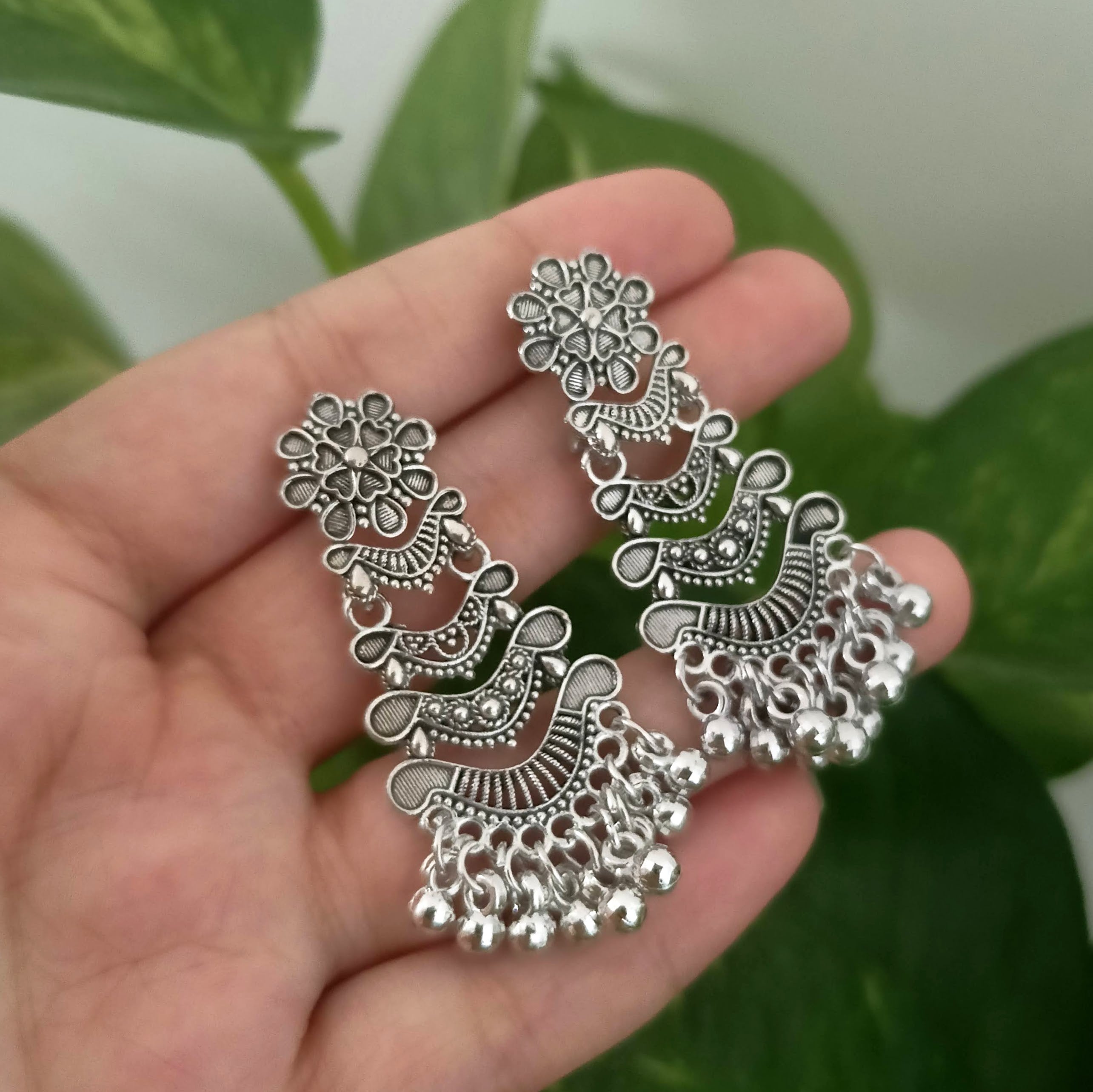 Ethnic Triple Layer Drop Beads Oxidised Silver Earrings