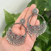 "Chaand Baaliyan" Elephant Design Pink & Green Stone Oxidised Silver Earrings