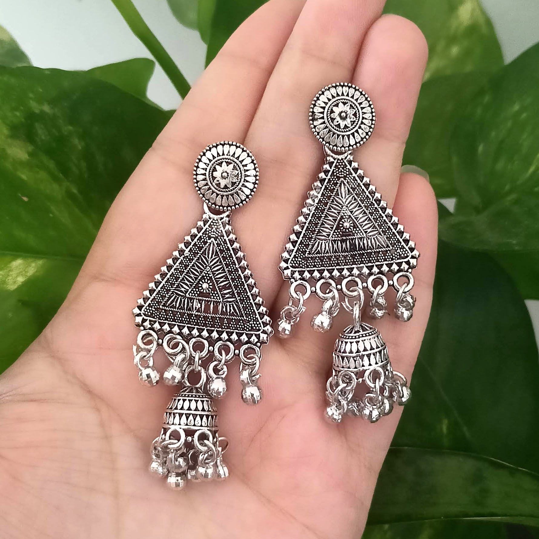 Triangle Shape Drop Jhumka Oxidised Silver Trending Earrings