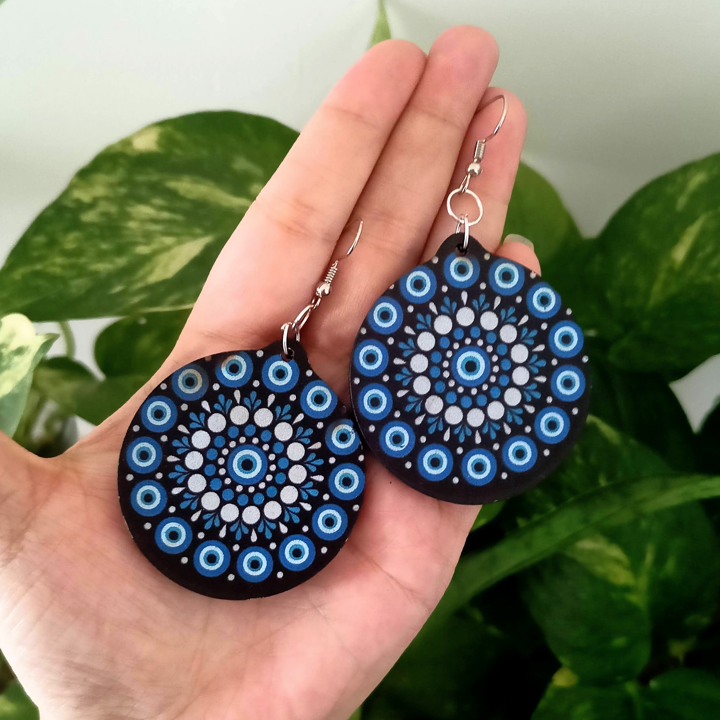 Evil Eye Mandala Print Round Wooden Beautiful Earrings