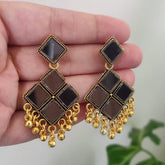 Square Shape Mirrors Oxidised Golden Ethnic Earrings