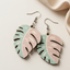 Pastel tropical leaf wooden earrings pink and mint green boho nature dangle earrings for women