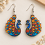 Royal peacock wooden earrings for women – colourful dangler with blue neck and orange, yellow and teal feathers