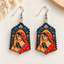 Traditional Indian lady wooden earrings for women – arch dangler with woman in red saree and navy lotus border