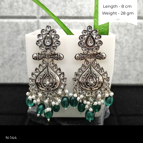 Green Color Beads Polki Ethnic Stone Studded Silver Oxidized Earrings