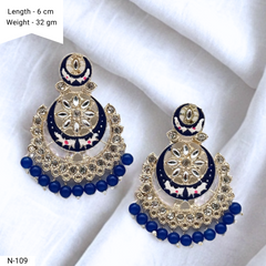 Royal Blue Color Chaandbali Meenakari Kundan Ethnic Golden Earrings