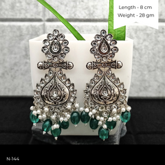 Green Color Beads Polki Ethnic Stone Studded Silver Oxidized Earrings