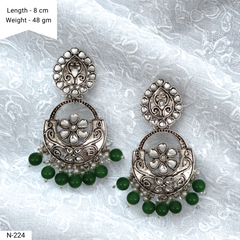 Green Color Drop Beads Floral Design Kundan Studded Silver Oxidised Earrings