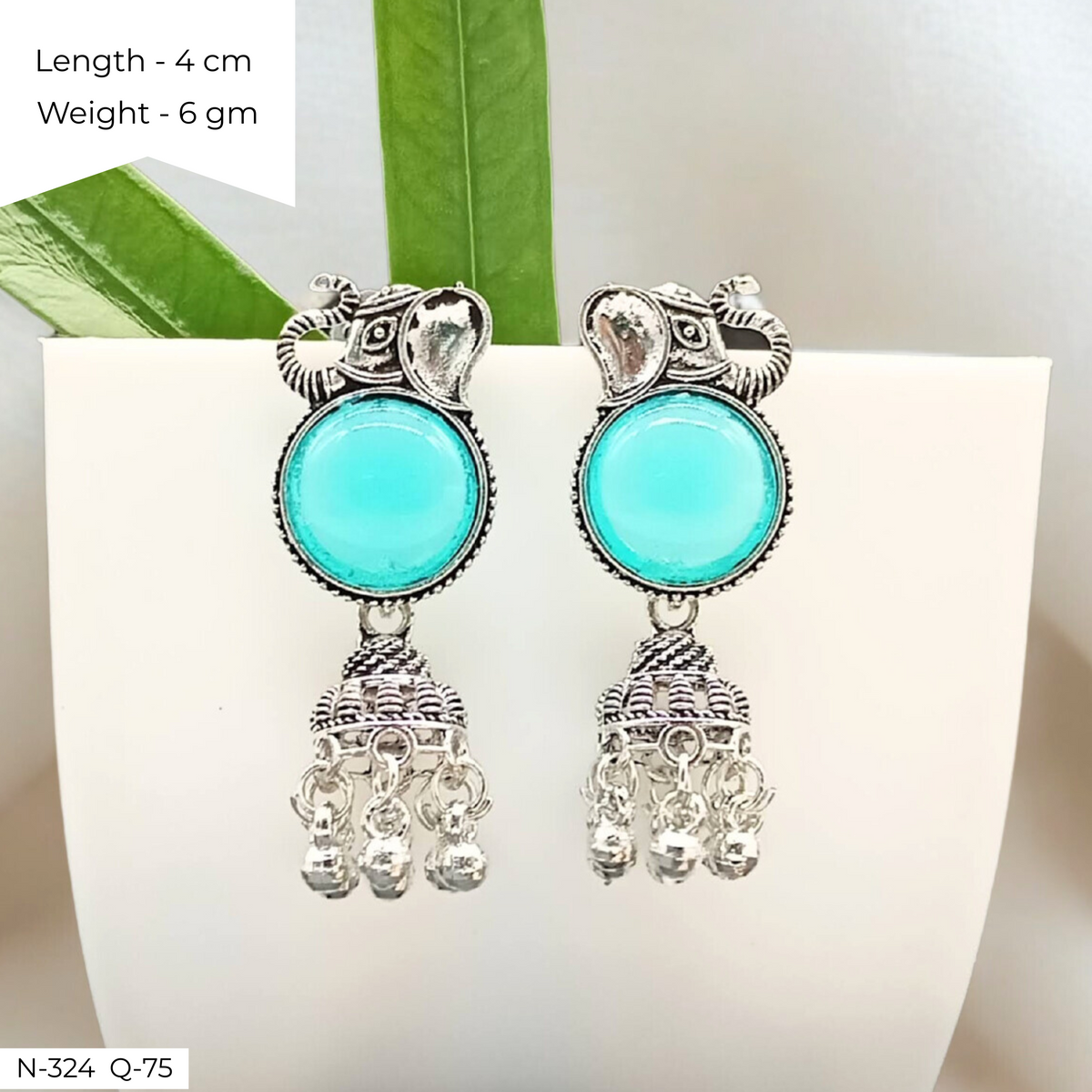 Blue Stone Elephant Jhumka Oxidised Silver Festival Earrings