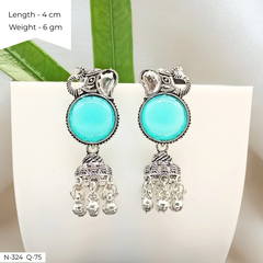 Blue Stone Elephant Jhumka Oxidised Silver Festival Earrings