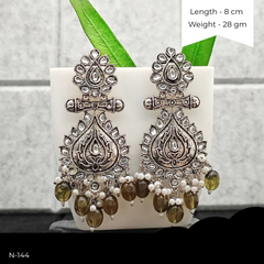 Olive Green Color Beads Polki Ethnic Stone Studded Silver Oxidized Earrings