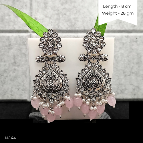 Baby Pink Color Beads Polki Ethnic Stone Studded Silver Oxidized Earrings
