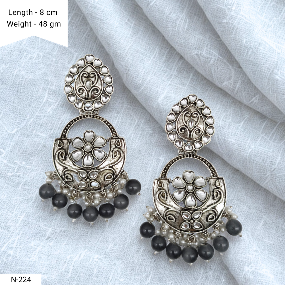 Grey Color Drop Beads Floral Design Kundan Studded Silver Oxidised Earrings