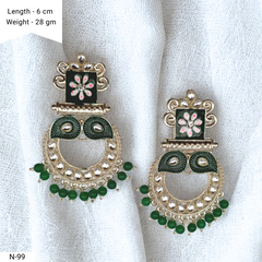 Green Color Floral Meenakari Kundan Ethnic Golden Earrings