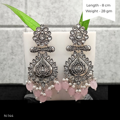 Baby Pink Color Beads Polki Ethnic Stone Studded Silver Oxidized Earrings