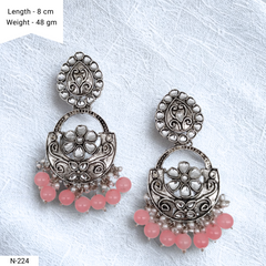 Peach Color Drop Beads Floral Design Kundan Studded Silver Oxidised Earrings