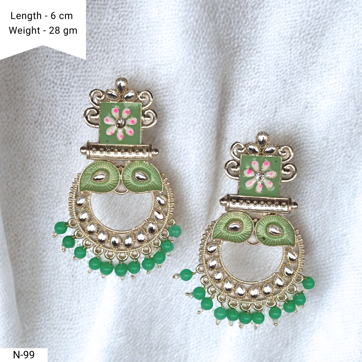 Light Green Color Floral Meenakari Kundan Ethnic Golden Earrings