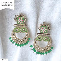Light Green Color Floral Meenakari Kundan Ethnic Golden Earrings