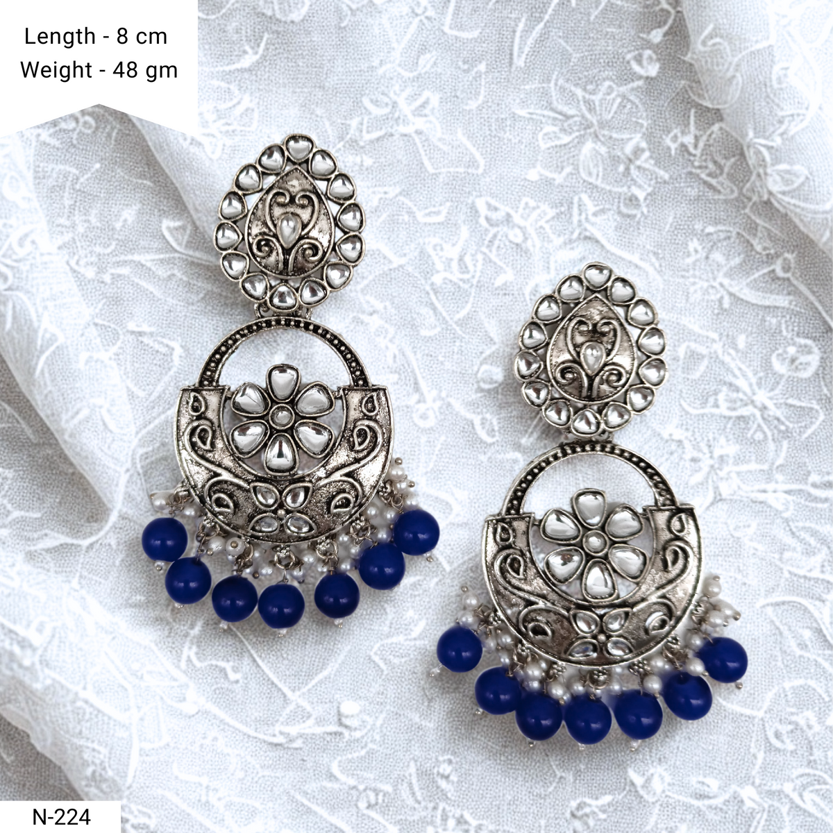 Royal Blue Color Drop Beads Floral Design Kundan Studded Silver Oxidised Earrings