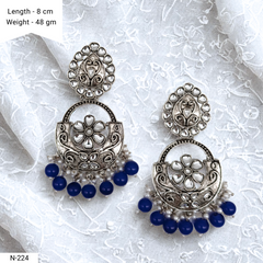 Royal Blue Color Drop Beads Floral Design Kundan Studded Silver Oxidised Earrings