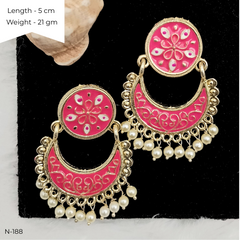 Pink Color Meenakari Chaandbali Drop White Beads Ethnic Golden Earrings