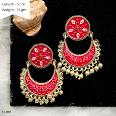 Bright Pink Color Meenakari Chaandbali Drop White Beads Ethnic Golden Earrings