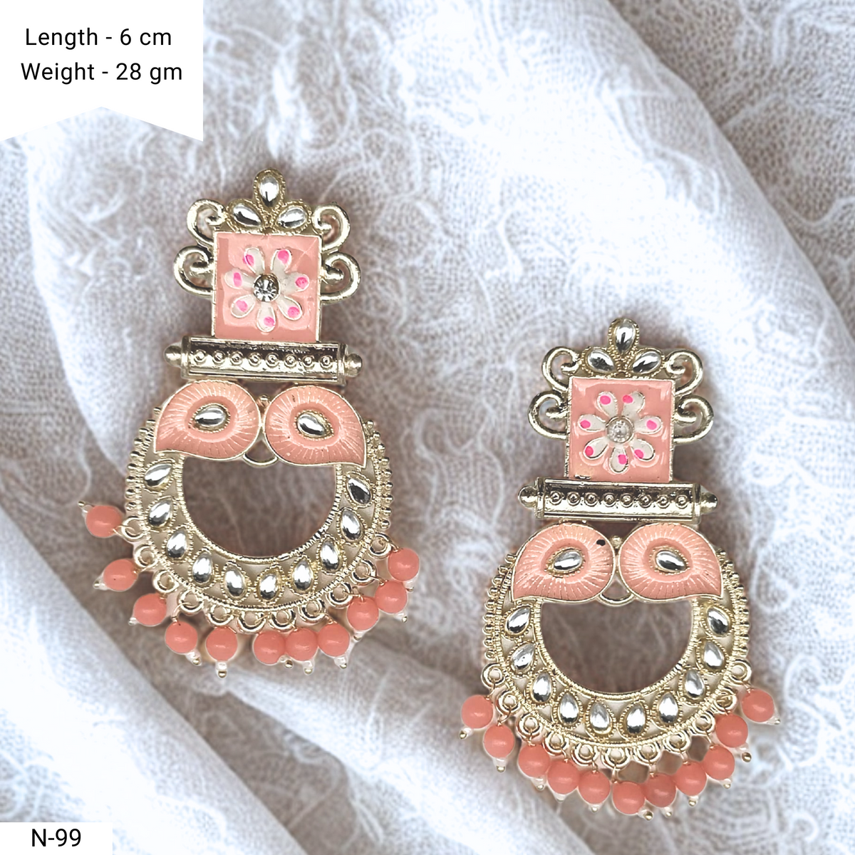 Peach Color Floral Meenakari Kundan Ethnic Golden Earrings