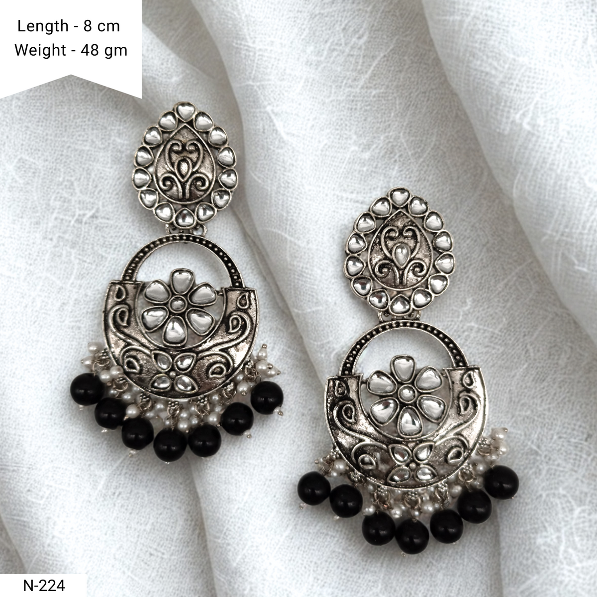 Black Color Drop Beads Floral Design Kundan Studded Silver Oxidised Earrings