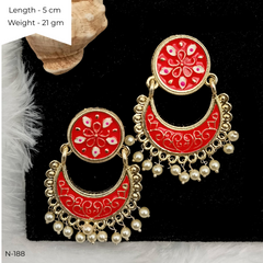 Red Color Meenakari Chaandbali Drop White Beads Ethnic Golden Earrings