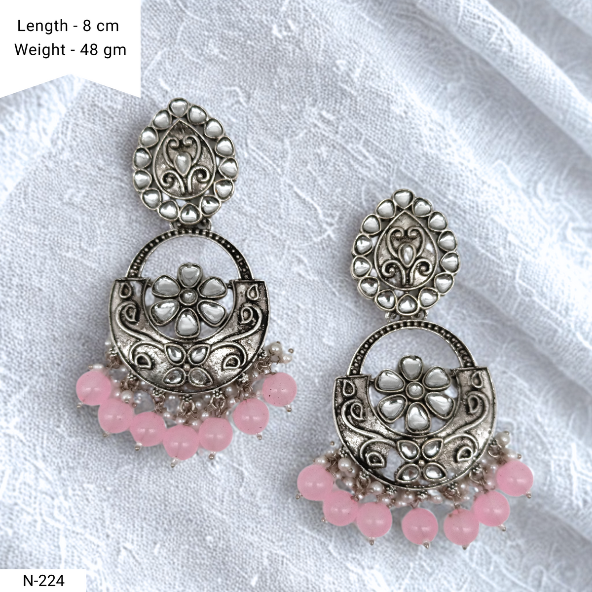 Baby Pink Color Drop Beads Floral Design Kundan Studded Silver Oxidised Earrings