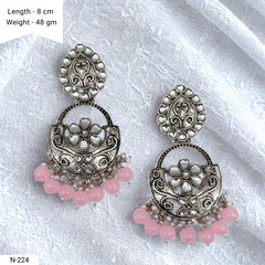 Baby Pink Color Drop Beads Floral Design Kundan Studded Silver Oxidised Earrings