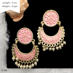 Baby Pink Color Meenakari Chaandbali Drop White Beads Ethnic Golden Earrings