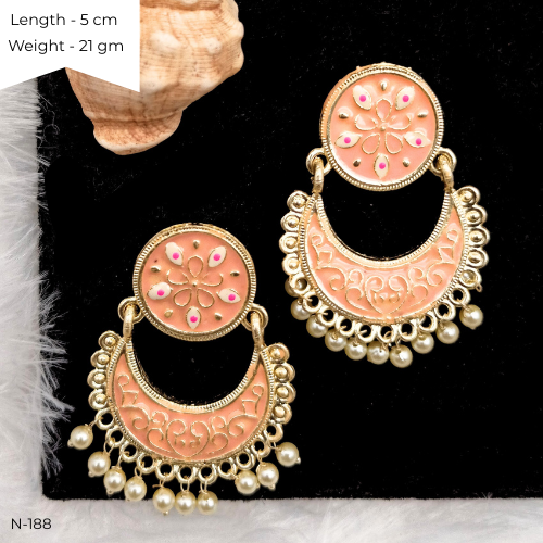Orange Color Meenakari Chaandbali Drop White Beads Ethnic Golden Earrings