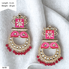 Bright Pink Color Floral Meenakari Kundan Ethnic Golden Earrings