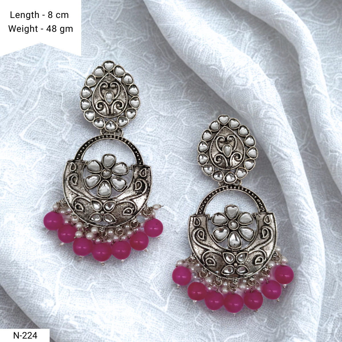 Pink Color Drop Beads Floral Design Kundan Studded Silver Oxidised Earrings