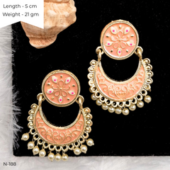 Orange Color Meenakari Chaandbali Drop White Beads Ethnic Golden Earrings