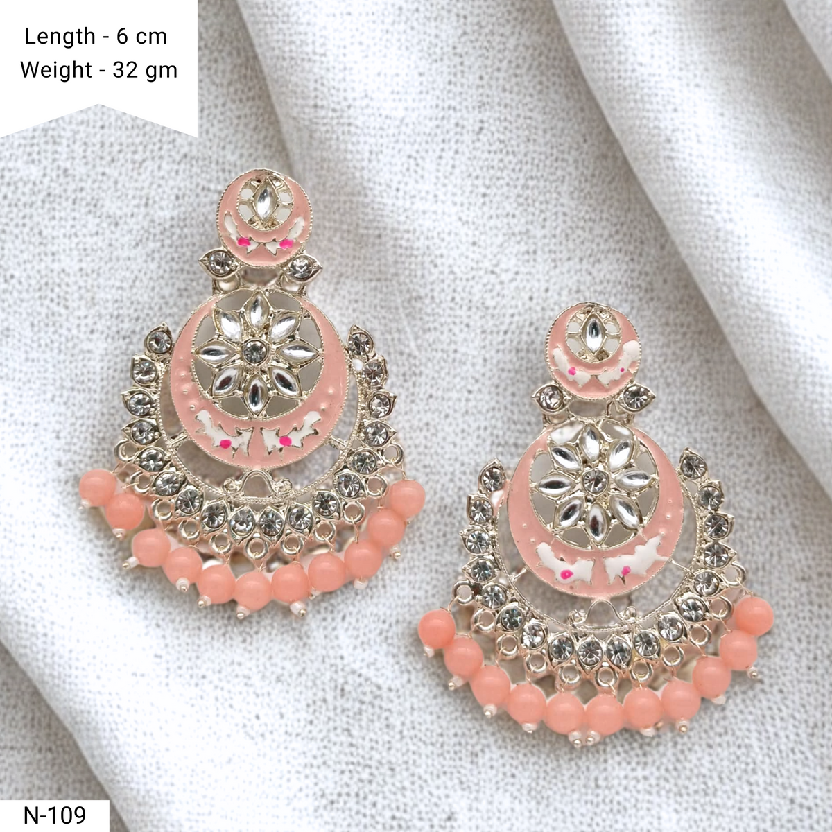 Peach Color Chaandbali Meenakari Kundan Ethnic Golden Earrings