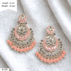 Peach Color Chaandbali Meenakari Kundan Ethnic Golden Earrings
