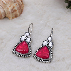 Rani Pink Color Triangle Fish Hook Silver Oxidised Earrings