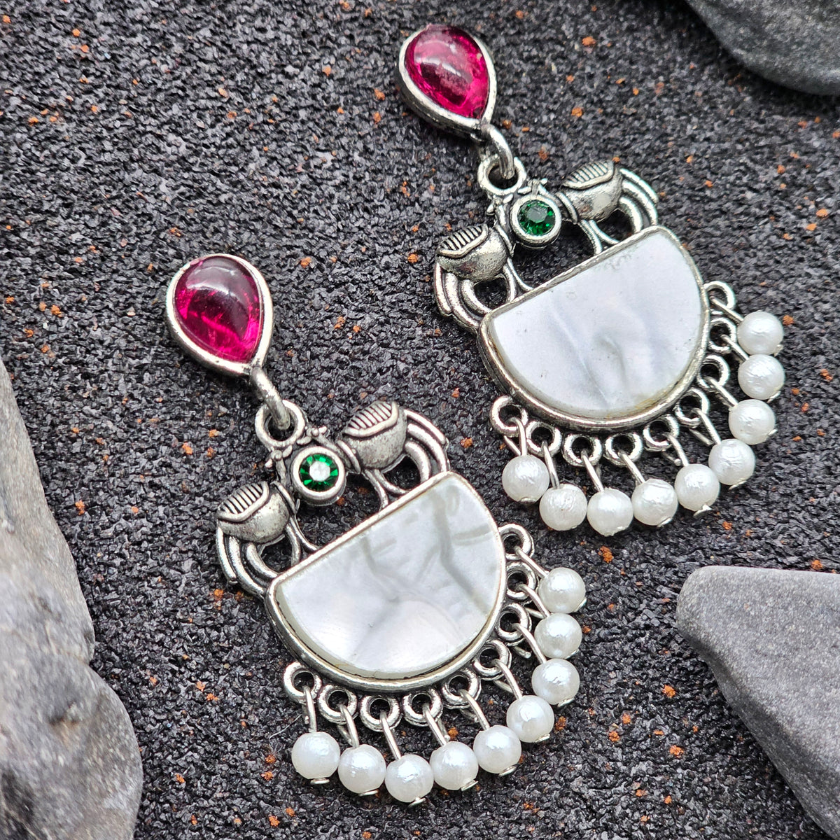 Vibrant Pink & Green Stone Silver-Toned with white pearl drop earrings