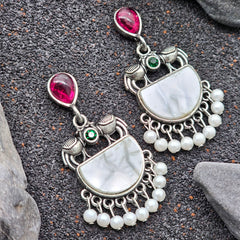 Vibrant Pink & Green Stone Silver-Toned with white pearl drop earrings