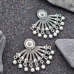Classic Silver-Toned Stud Fan Earrings With Pearls