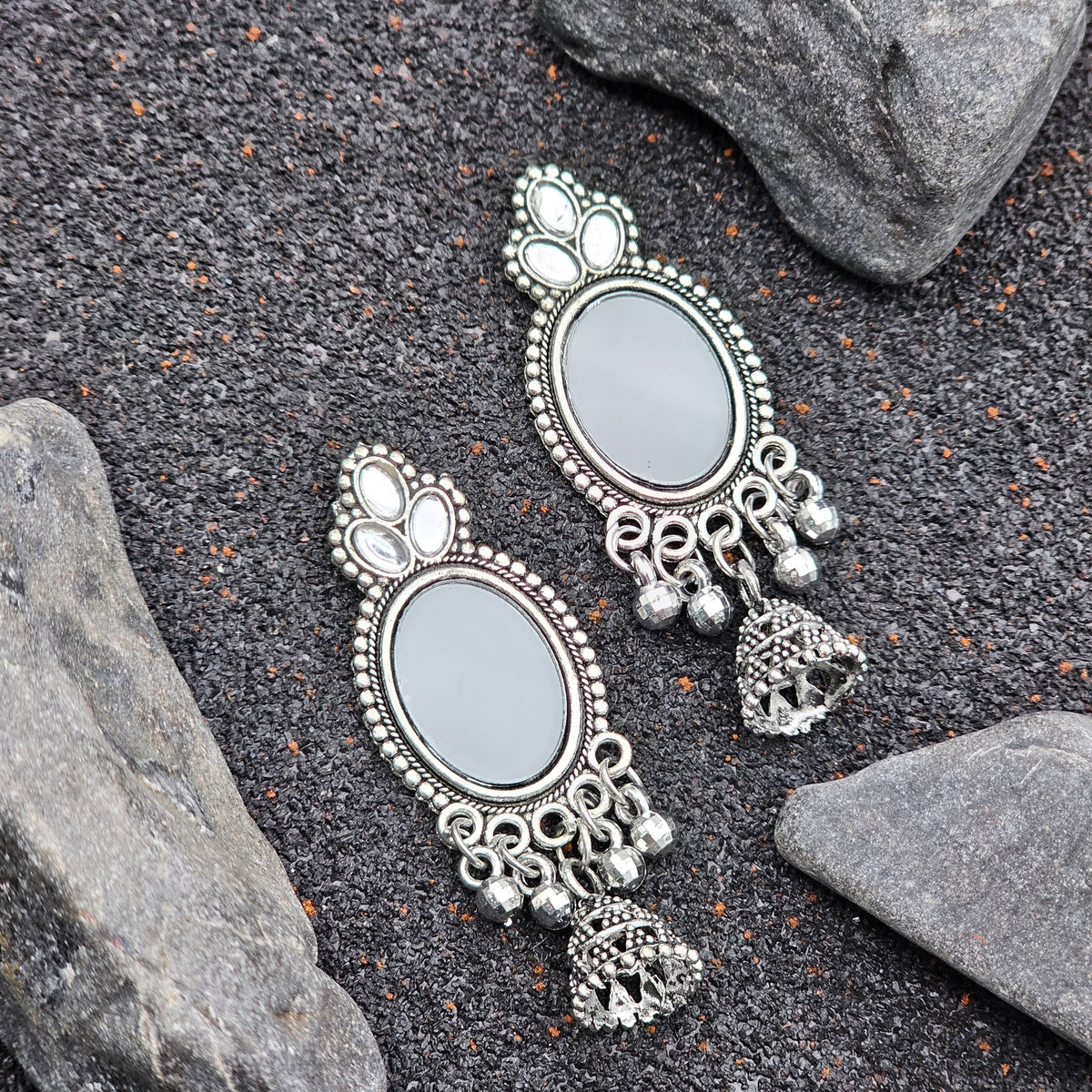 Chic Oxidised Silver Oval Look Mirror Earrings