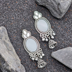 Chic Oxidised Silver Oval Look Mirror Earrings